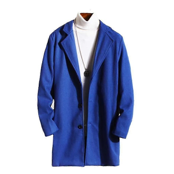 Isokokoisille miehille klassinen villakangastakki lämmin talvitakki yksirivinen pitkä trenssi rento slim fit päällystakki Royal Blue L