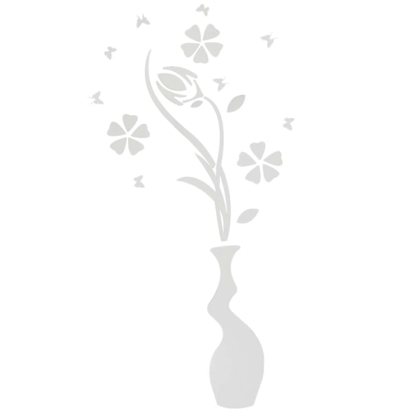 3D Akryl Väggdekor Blomma och Vas Spegeldekal Miljövänliga Väggdekaler för Sovrum Vardagsrum Badrum Dekoration (Silver)
