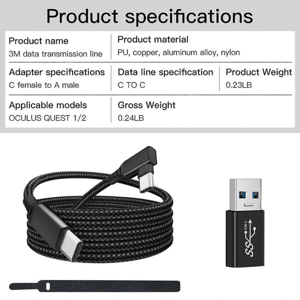 Data- og opladningskabel til Oculus Quest 2 Link USB 3.1 Type C Datatransfer USB-A til Type-C kabel