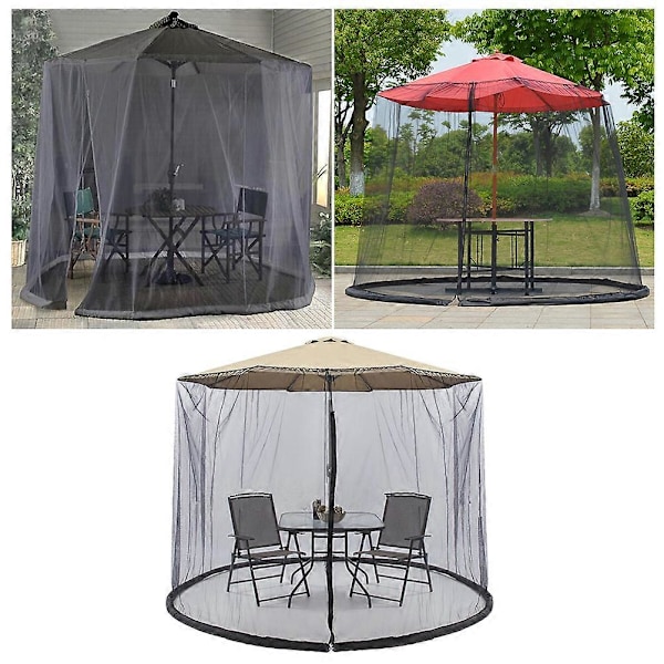300x230CM Patio-varjon hyttysverkko vetoketjulla, pöytävarjo, puutarhakalusteet ulkokäyttöön (musta)