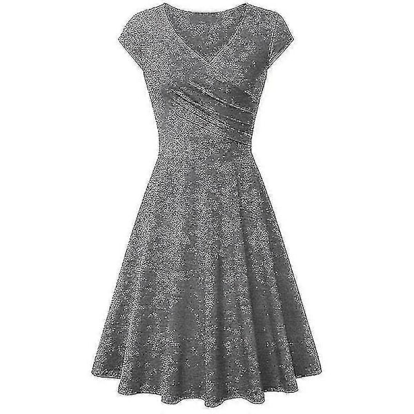 Elegant ensfarget kortarmet V-hals aften cocktail ballkjole sommerkjole for kvinner Grey XXXXL
