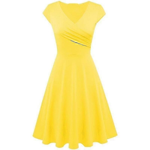 Elegant Damklänning Enfärgad Kortärmad V-ringad Afton Cocktail Bal Sommarklänning Yellow XXL