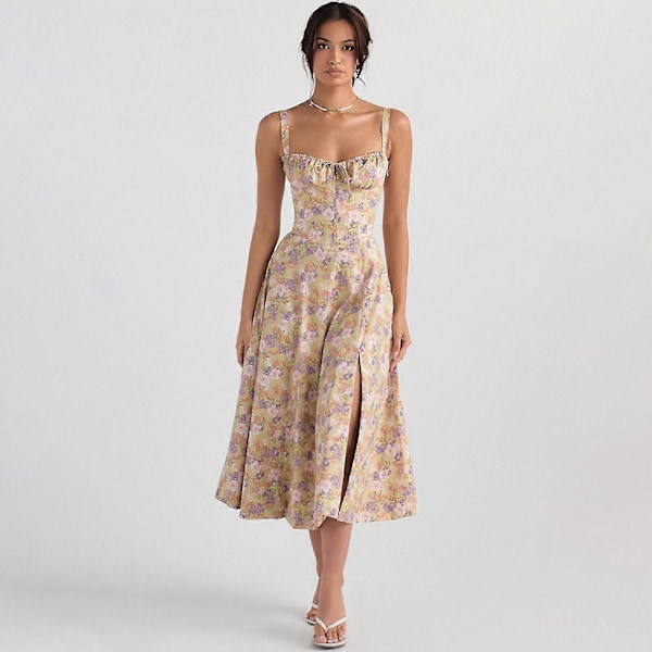 Dame Sommer Blomstret Rygløs Maxikjole Sexet Ærmeløs Lavt Skåret Kjole Bodycon Spaghetti Strop Lang Kjole, 40% Rabat Blue L