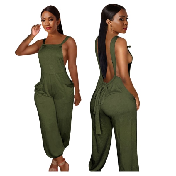 Ny sexig, enfärgad, rygglös hängslen jumpsuit för kvinnor green L