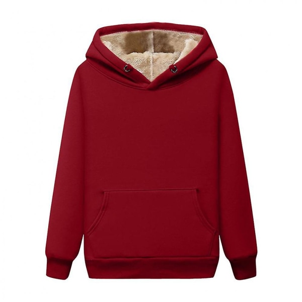 Dam Enfärgad Vinter Varm Fleecefodrad Huvtröja Ledig Lös Hoodie Tröja Toppar Med Ficka Red M