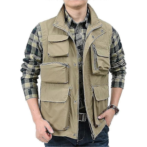 Miesten ulkoiluliivit, vapaa-ajan ulkoilutyöskentelyyn, safariin, kalastukseen, kevyt matka- ja valokuvausliivi, cargo-liivitakki Khaki Medium
