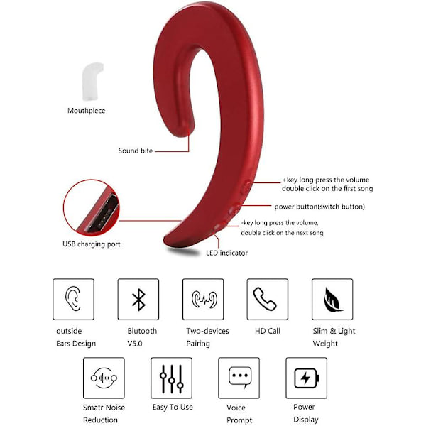 3c Kevyt Korvakoukku Langaton Bluetooth-kuuloke, kivuton Yhden Korvan Bluetooth-kuulokkeet Mikillä, Kevyet Ei-luujohtokuulokkeet Red