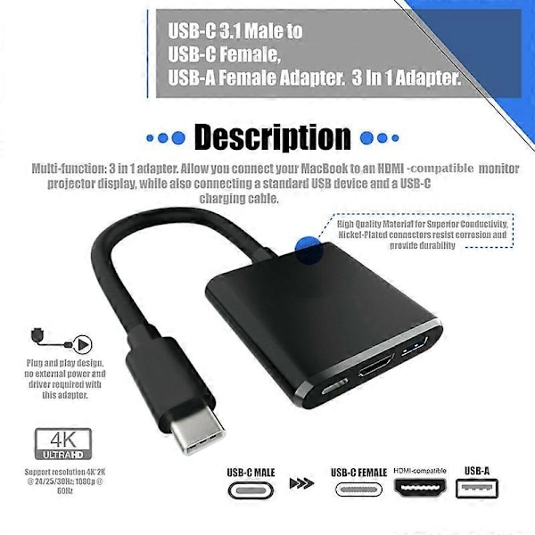 3-i-1 USB Typ-C 3.1 till 4K HDMI-kompatibel PD Laddning USB 3.0/2.0 Adapter Hubb Konverterare