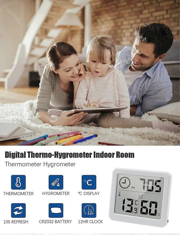 Digitalt termometer/hygrometer stort 3,2 LCD-display (hvid)