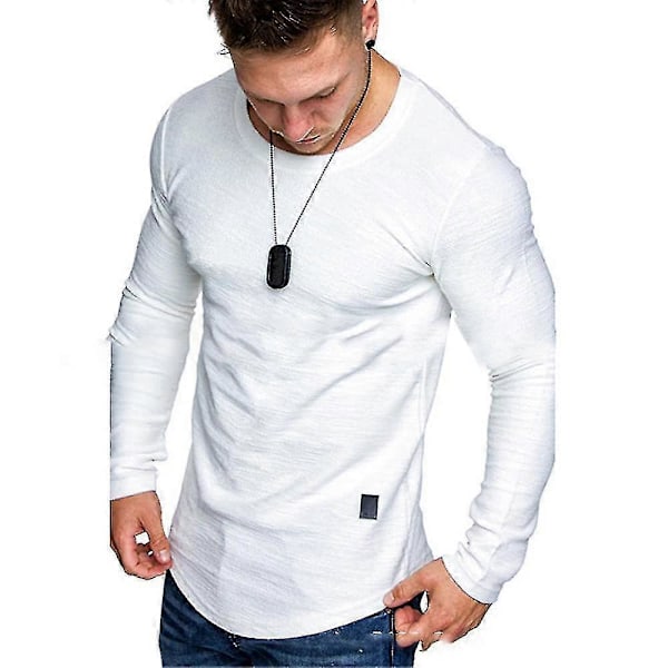 Miesten yksivärinen pyöreäkauluksinen t-paita, rento, pitkähihainen, slim fit, lihaksia korostava White 2XL