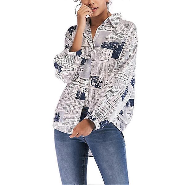 Dame Printede Skjorter Avisprint Langærmede Bluser Blue XL