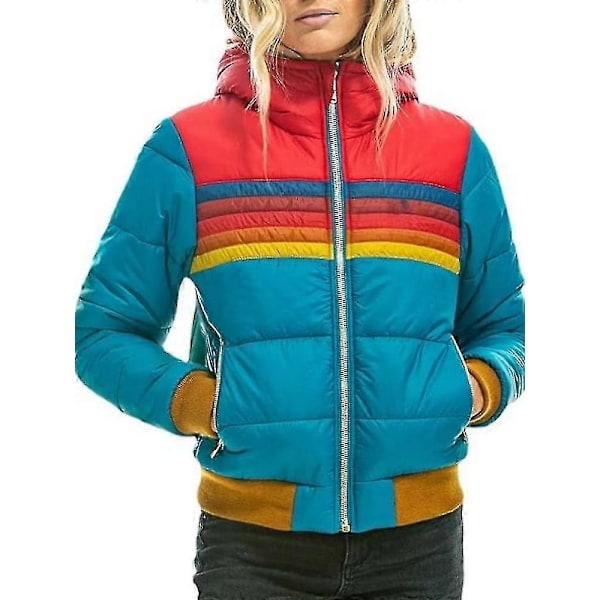Dame Regnbue Lynlås Vinter Dunjakke Casual Stribet Hætte Pufferjakke Blue XS