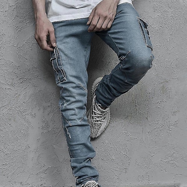 Miesten Skinny Cargo Combat Denim Farkut Rento Slim Fit Housut Blue M