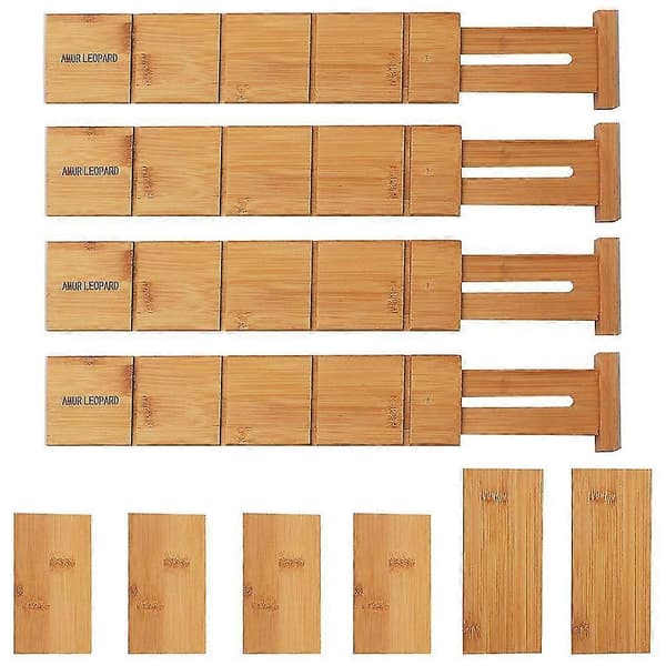 4 st Bambu Lådindelare Organizer Med 6 Extra Mini-indelare Fjäderbelastade För Kök, Sovrum