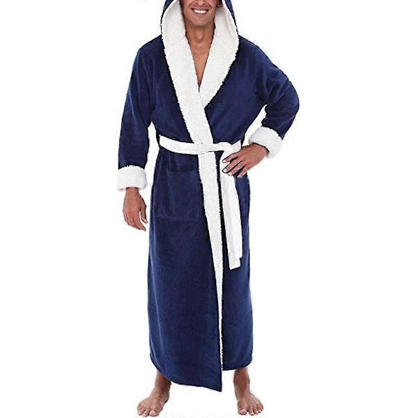Lång Morgonrock med Huva för Män Mjuk Nattrock Badrock Dark Blue S