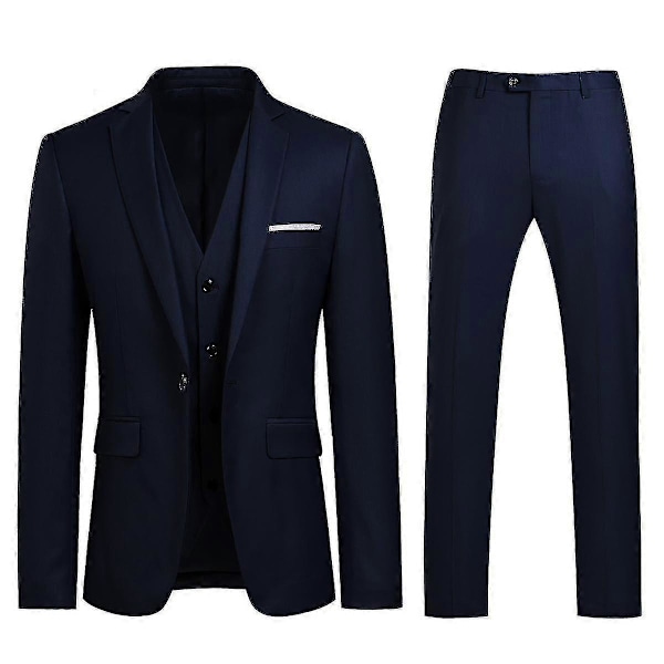 Herre Jakkesæt Business Casual 3-delt Jakkesæt Blazer Bukser Vest 9 Farver Navy M