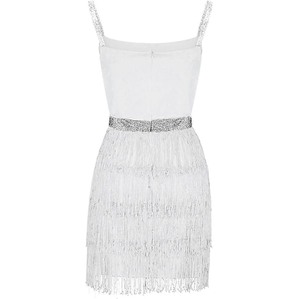Cocktailklänningar för Kvinnor Sexig Djup V-ringning Heltäckande Fransar Spaghettiband Klänning Paljetter Fjäder Bal Festklänning 6-white Large