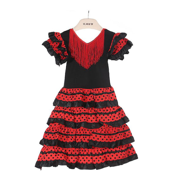 Tjejklänning Vacker spansk flamencodansarkostym Barn Red Black Frills XL(10-12 Y)