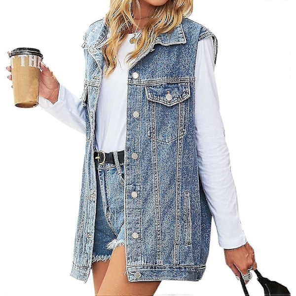 Dame Denim Jakke Ærmeløs Knap Ned Jean Vest Midt Lang Vest Blue Medium