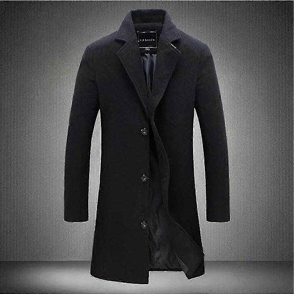 Isokokoisille miehille klassinen villakangastakki lämmin talvitakki yksirivinen pitkä trenssi rento slim fit päällystakki Black M