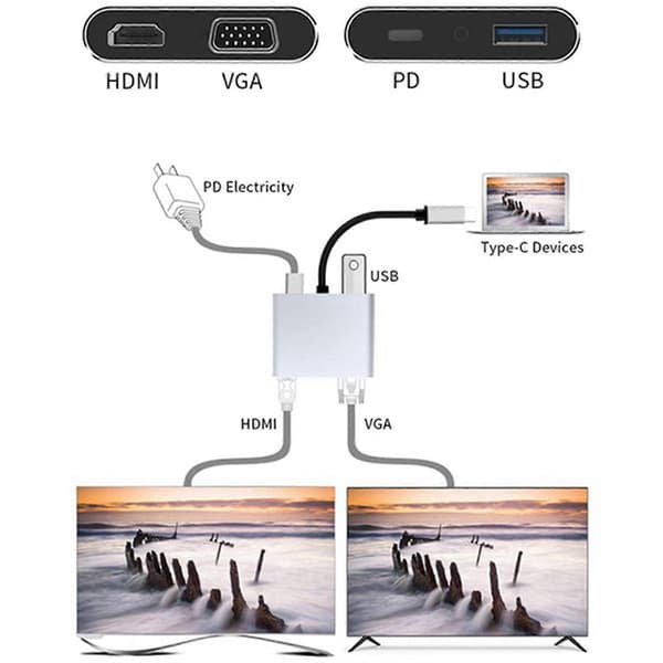 Usb C Hub, Usb C Til -kompatibel + Vga + Usb 4-i-1 Konverter, Understøtter 4k Hd Kvalitetsoutput, Til Pc
