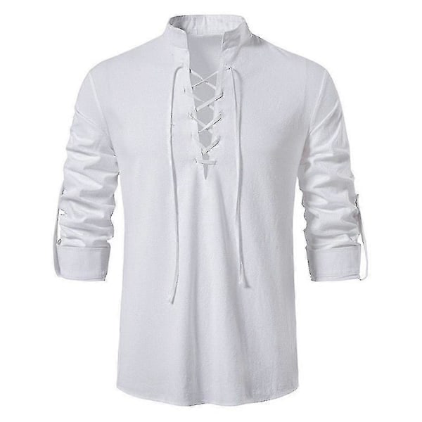 Herr Retro Stil Snörning Skjortor Toppar För Medeltida, Renässans, Vikinga Pirat, Hippie White 3XL