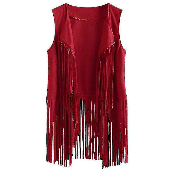 Dame Tassel Ærmeløs Vest 70'er 1970'er Hippie Faux Suede Veste Fringe Jakke Cardigans Red M