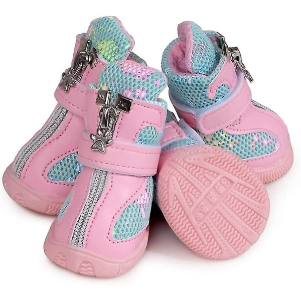 4 st Hundskor Andningsbara Mesh Sommarskor för Hundar med Halkfri Sula för Vandring och Löpning Size 3 (6-10lb) Pink