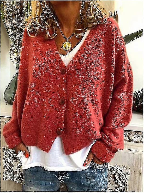 Damtröja Stickad Casual V-ringad Enfärgad Kofta Orange Red 3XL