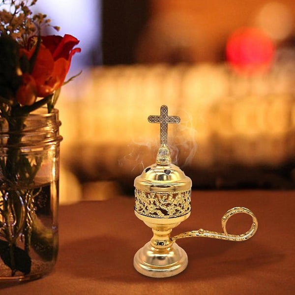 Rökelsebrännare i metall Rökelsestruthållare med kors Liten mässingpläterad rökelsebrännare brons katolsk hartshållare Vintage Desig gold