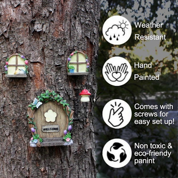 1 Set Trä Hänge Miniatyr Fé Fönster Och Dörr Set Självlysande Träd Ornament för Utomhus Trädgårdsdekoration