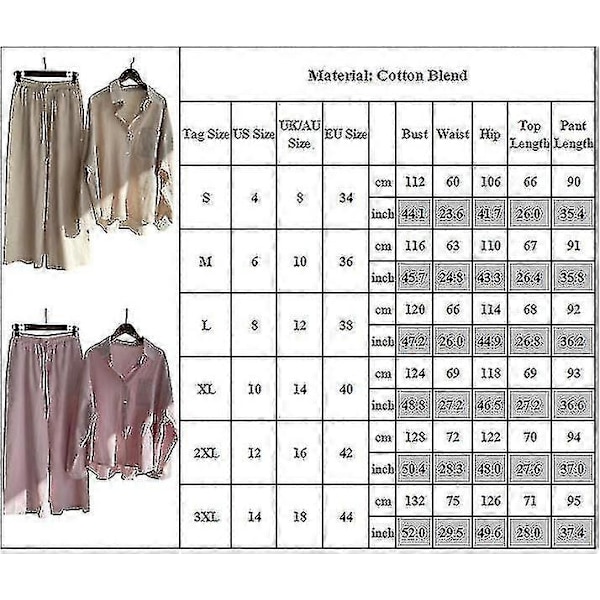 Dam Casual 2-dels Blus Outfit Bomull Linne Långärmad Knappskjorta Topp + Vida Ben Byxor Lounge Set Apricot 3XL