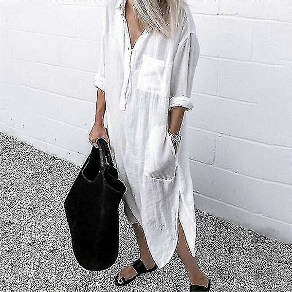 Plus size Dame Casual Bluse Lang Skjorte Kjole Damer Krave Knap Ned Kjole Cy white 4XL