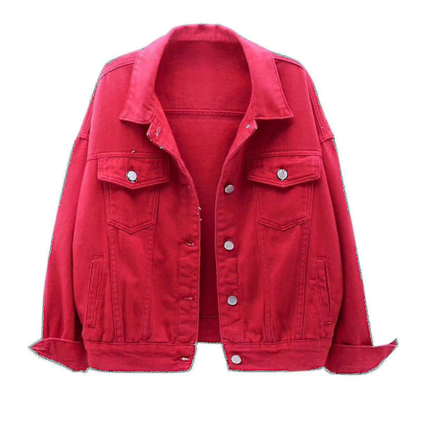 Dame Vår og Høst Kåper Varm Ensfarget Langermet Denimjakke Yttertøy Red XXXL