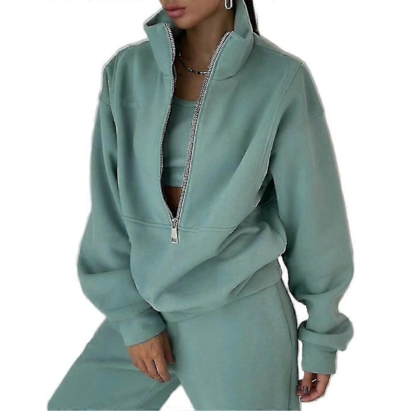 Dam Tvådelad Träningsdräkt Långärmad Dragkedja Hög Hals Hoodie Sweatshirt Med Träningsbyxor Träningsset Jogging Set Green XL