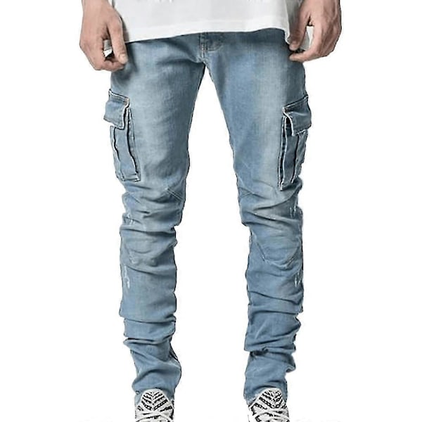Miesten Skinny Cargo Combat Denim Farkut Rento Slim Fit Housut Blue XL
