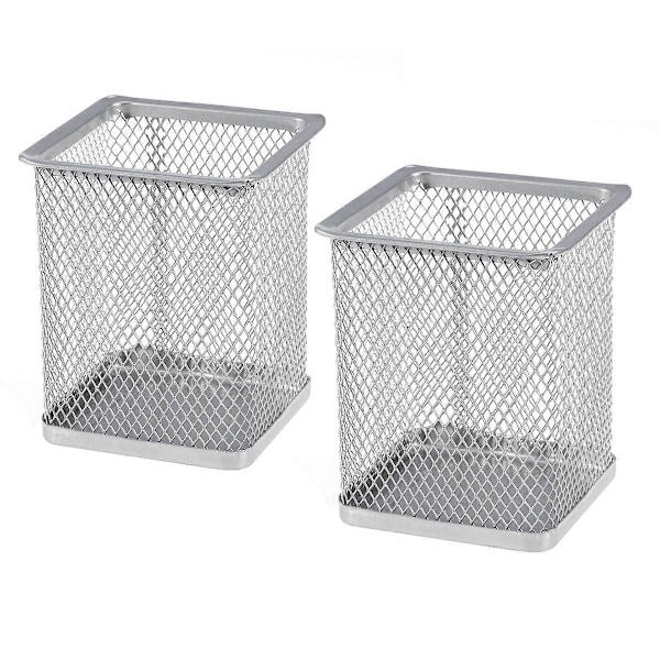 2 stk. Metal Penneholder Firkantet Mesh Blyantholder Container Organizer (Sølv)