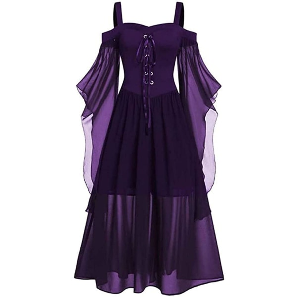 Halloween Medeltida Renässans Cosplay Kostymer Häxa Gotisk Pirat Viking Vestidos Bandage Dress Up Party Xmas Klänning För kvinnor Purple XL