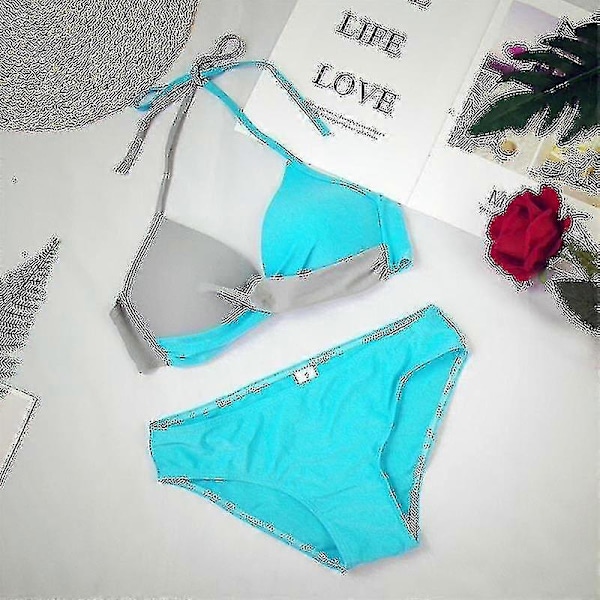 Naisten värilohko bikinin setti, pehmustetut push-up uimahousut, halter-kaula-uimapuku Light Grey Sky Blue M