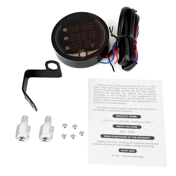3-i-1 Motorcykel Elektronisk Digital Termometer Voltmeter Ur Temperaturmåler