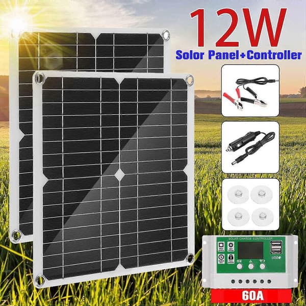 2x 12w Solpanel Kit 60a 12v Batterioplader Med Controller Campingvogn Båd