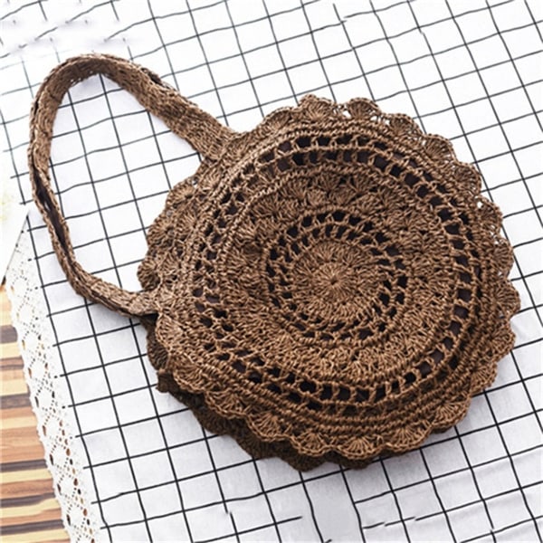 Bohemisk Väska i Halm Dam Rund Strandväska Sommar Rattan Axelväska dark brown