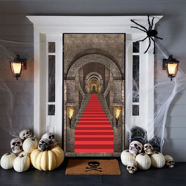 Halloween bannerdekorationer, halloween dörrdekorationer, 3d realistisk slottsingångsbanner, stor tyg medeltida tema sten bakgrundsbanner, fick