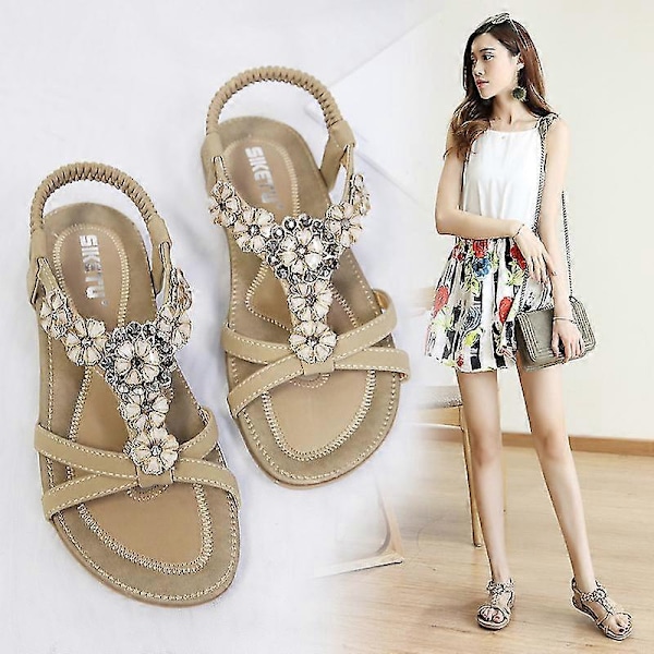 Dame Rhinestone Sandaler, T-stropp Spenne Perle Krystall Flate Sandaler Beige 41