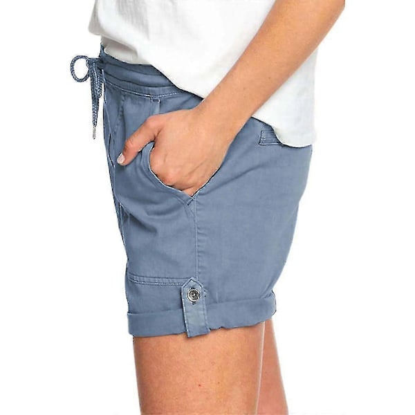 Dame Sommer Elastisk Talje Snøre Cargo Shorts Med Lommer Korte Bukser Blue 3XL
