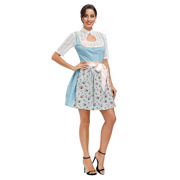 Ylellinen Oktoberfest-asu naisille, klassinen dirndl-mekko pitsisellä esiliinalla ja kukkakuviolla, 3-osainen puku olutfestivaaleille M