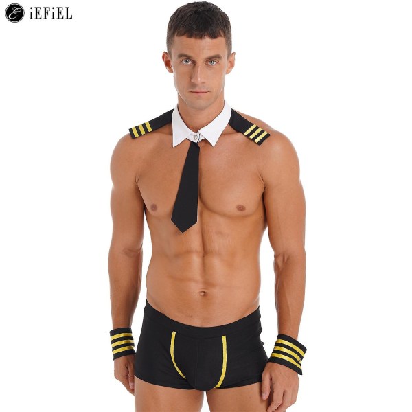 Sexig sjömansdräkt för män 4-delad slips krage Boxer Underkläder Kapten Uniform Underkläder Set för Halloween-fest M