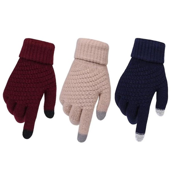 Dame Vinter Touch Screen Handsker Tykke Varme Strikkede Stretch Handsker Imitation Uld Fuld Finger Udendørs Ski Handsker Red