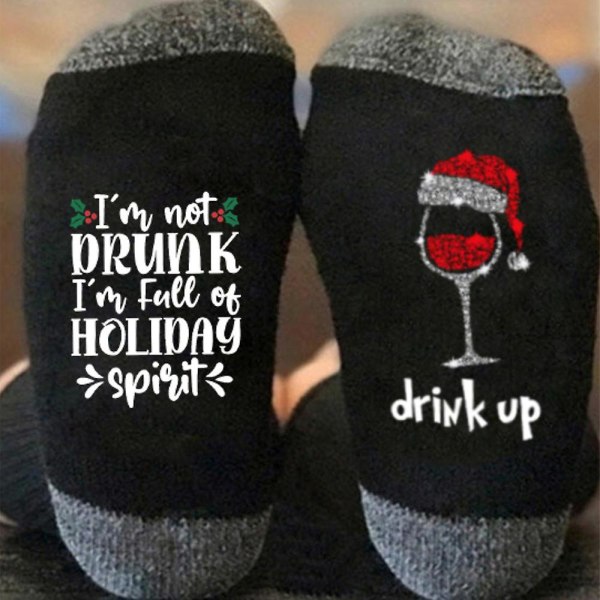 Jul Mellanvad Andningsbara Nyhetssockor Vinglas Tryck Jultema Casual Roliga Bomullsstrumpor Present Till Vuxna Unisex Black