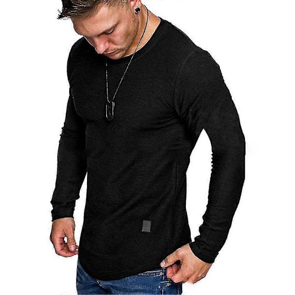 Miesten yksivärinen pyöreäkauluksinen t-paita, rento, pitkähihainen, slim fit, lihaksia korostava Black L